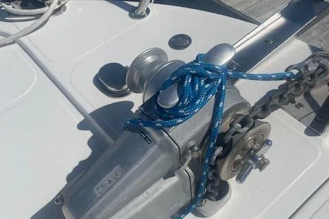 Slide: The Image of 2018 American Tug 365 boat anchor winch with blue rope and chain. - 22