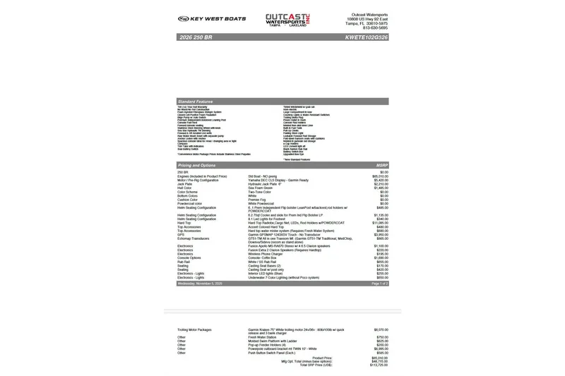 Slide: The Image of 2026 Key West 250 Bay Reef boat specifications and pricing details. - 22