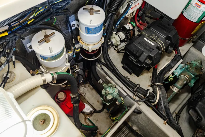 Slide: The Image of Engine room of 2009 Meridian 391 Sedan with filters, hoses, and wiring. - 47