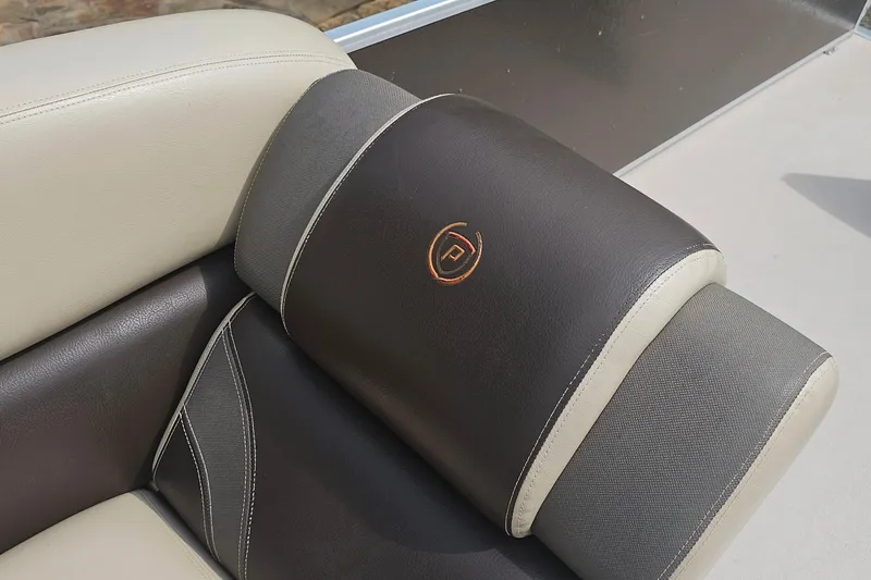 Slide: The Image of Luxurious seating detail of 2015 Premier 310 Escalante boat with logo embroidery. - 12