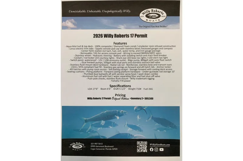 Slide: The Image of 2026 Willy Roberts 17 Permit Outpost Edition boat features and specifications flyer. - 4