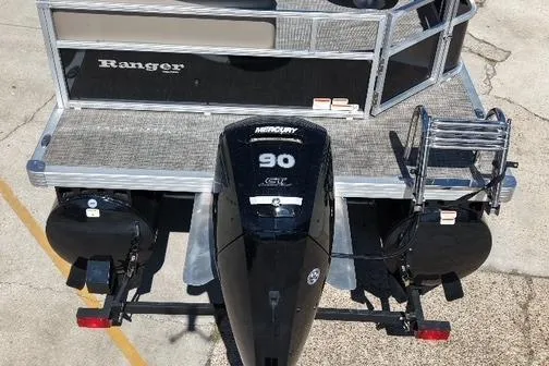 Slide: The Image of 2024 Ranger RP200C pontoon boat with Mercury 90 engine, rear view. - 4
