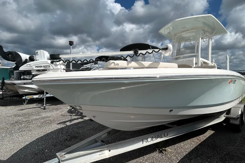 The Image of 2016 Robalo 246 Cayman boat on trailer under cloudy sky. - 1
