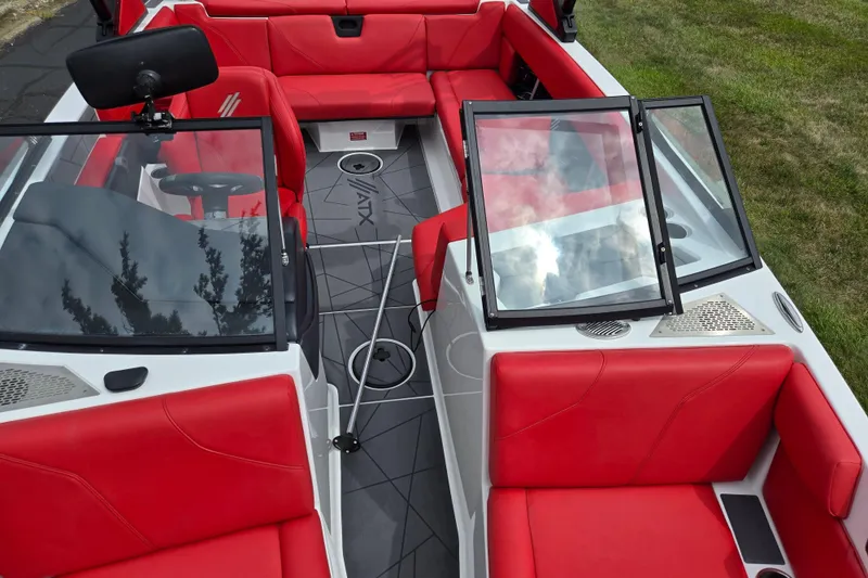 Slide: The Image of 2022 ATX Surf Boats 20 Type-S with red interior and open windshield. - 19