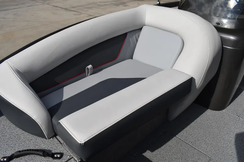 Slide: The Image of 2026 Lowe Sport Deck 224 boat interior seating with modern design and gray upholstery. - 29