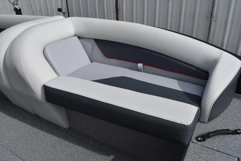 Slide: The Image of 2026 Lowe Sport Deck 224 boat seating with modern gray and white upholstery. - 31