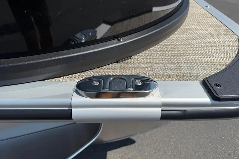 Slide: The Image of 2026 Bentley Pontoons Legacy 200 Navigator deck detail with sleek metal finish. - 6