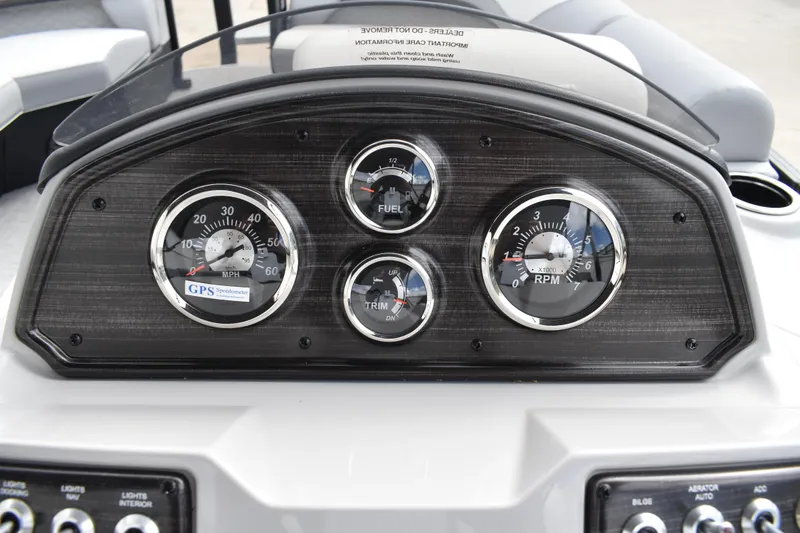 Slide: The Image of Dashboard of 2026 Lowe SS 210 boat with speedometer, fuel, trim, and RPM gauges. - 25