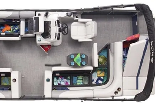 Slide: The Image of 2026 Lowe SS 210 pontoon boat interior with seating and storage compartments. - 33