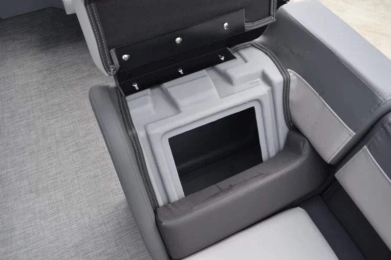 Slide: The Image of 2026 Lowe LF 232 boat interior with gray and white cushioned seating. - 17