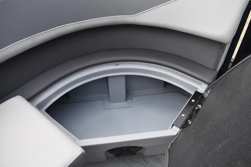 Slide: The Image of 2026 Lowe LF 232 boat seating with gray and black upholstery. - 21