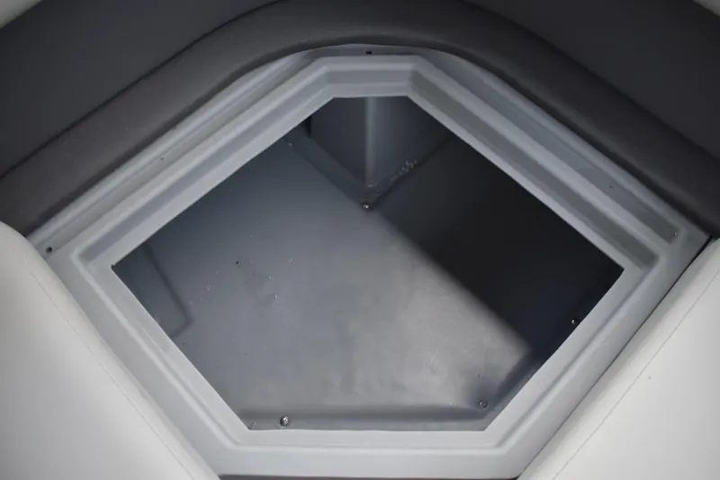 Slide: The Image of 2026 Lowe LF 232 boat engine with chrome railing, viewed from above. - 42