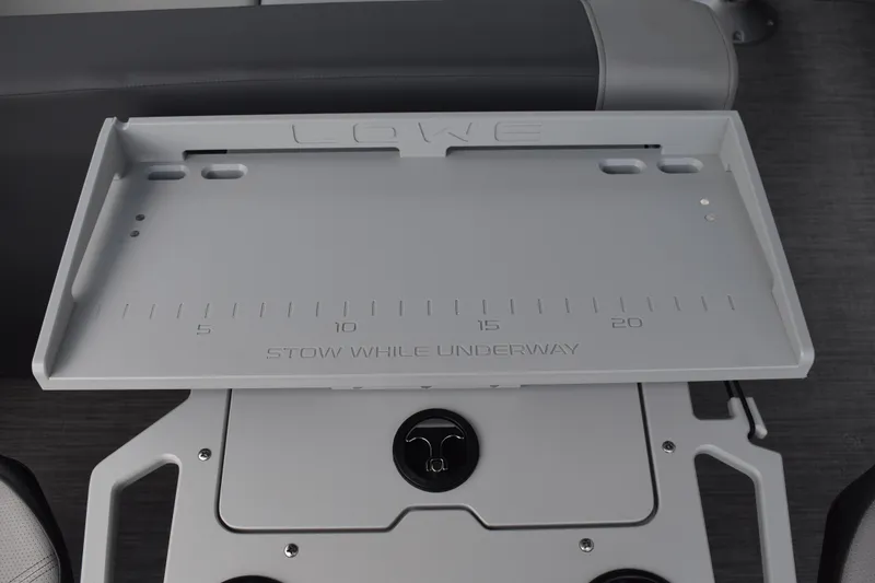 Slide: The Image of 2026 Lowe LF 232 boat railing and deck detail, featuring sleek black metal design. - 51