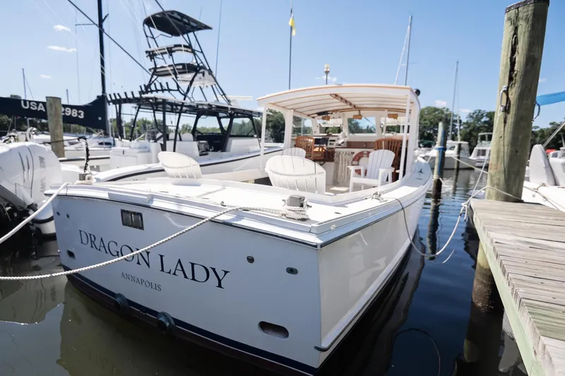 Slide: The Image of 1972 Jarvis Newman Downeast boat "Dragon Lady" docked in Annapolis marina. - 37