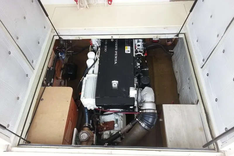 Slide: The Image of 1972 Jarvis Newman Downeast boat engine compartment with Volvo Penta engine. - 38