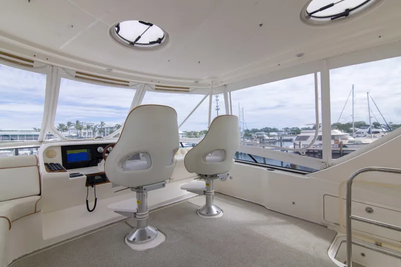 Slide: The Image of Interior view of 2009 Silverton Oviation 52 yacht helm with two captain chairs. - 10