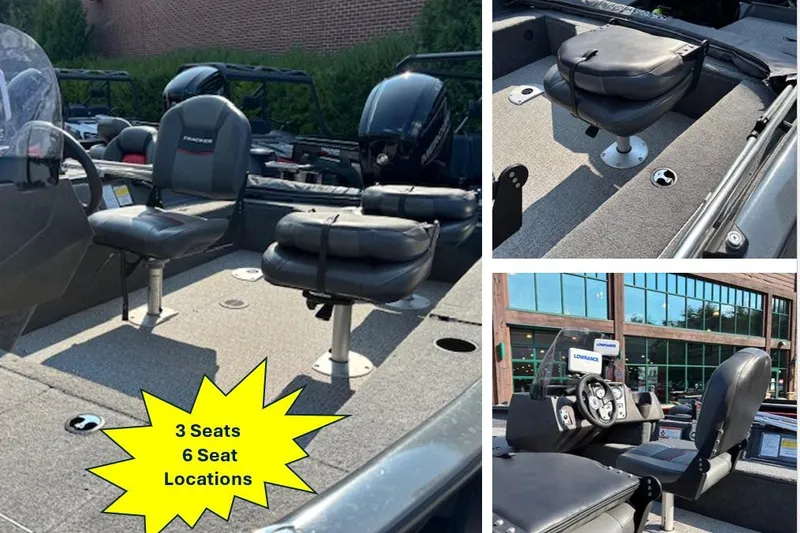 Slide: The Image of 2022 Tracker PGV16 boat with three seats, six seat locations, and modern dashboard. - 3