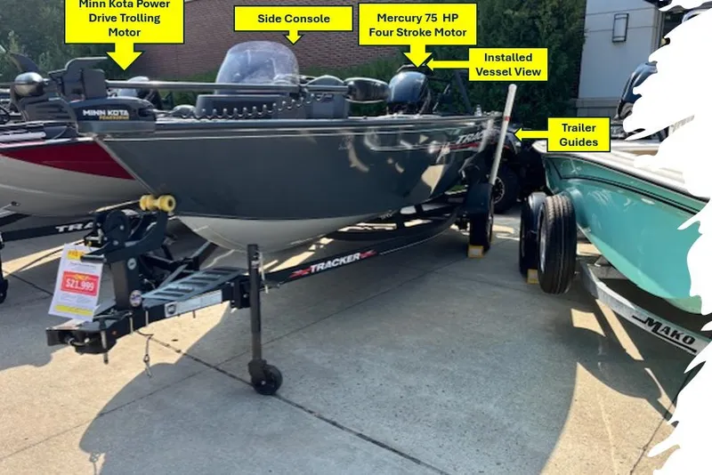 Slide: The Image of 2022 Tracker PGV16 boat with Minn Kota trolling motor, Mercury 75 HP engine, and trailer guides. - 5