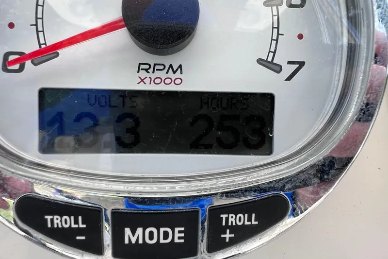 Slide: The Image of Dashboard of 2020 Key West 230 Bay Reef showing RPM, voltage, and hours. - 58