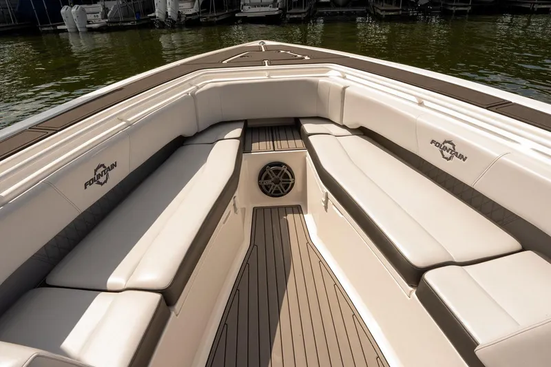 Slide: The Image of 2018 Fountain 38 SCX boat interior with luxurious seating and sleek design. - 27