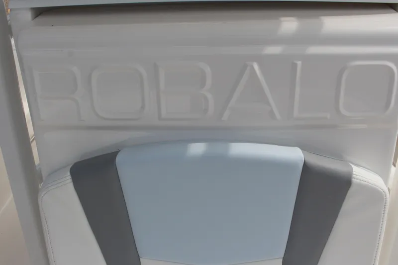 Slide: The Image of 2023 Robalo R222 Center Console seat with embossed logo detail. - 7