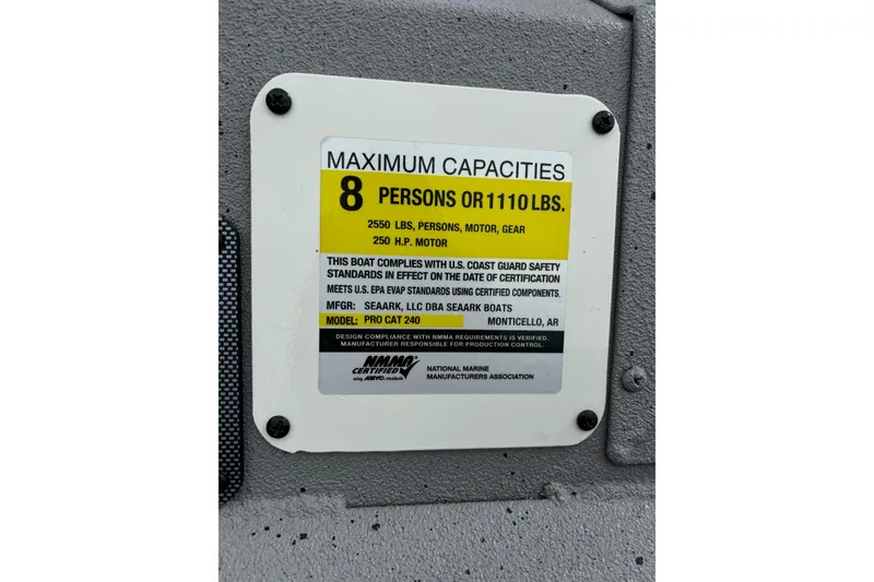 Slide: The Image of Maximum capacity label on 2026 SeaArk ProCat 240 boat, 8 persons or 1110 lbs. - 10