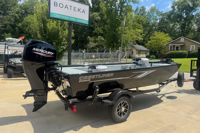 Slide: The Image of 2025 Crestliner 1657 Outlook Stick Steer boat with Mercury engine at Boateka dealership. - 2