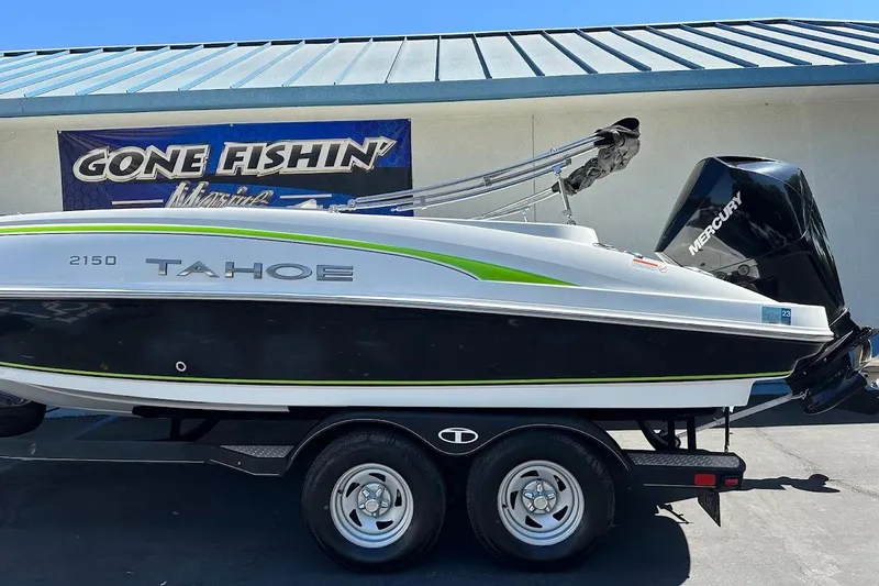 Slide: The Image of 2019 Tahoe 2150 boat with Mercury engine on trailer, parked at Gone Fishin' Marine. - 6