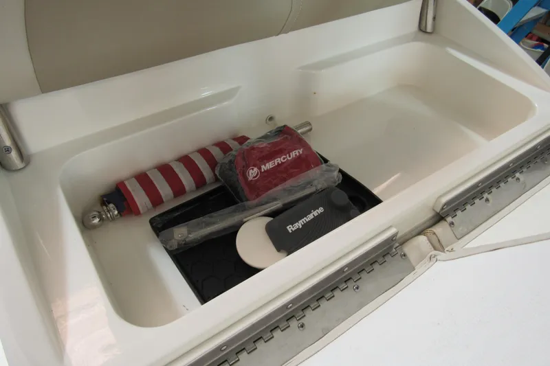 Slide: The Image of Storage compartment of 2019 Boston Whaler 270 Dauntless with Mercury and Raymarine equipment. - 29