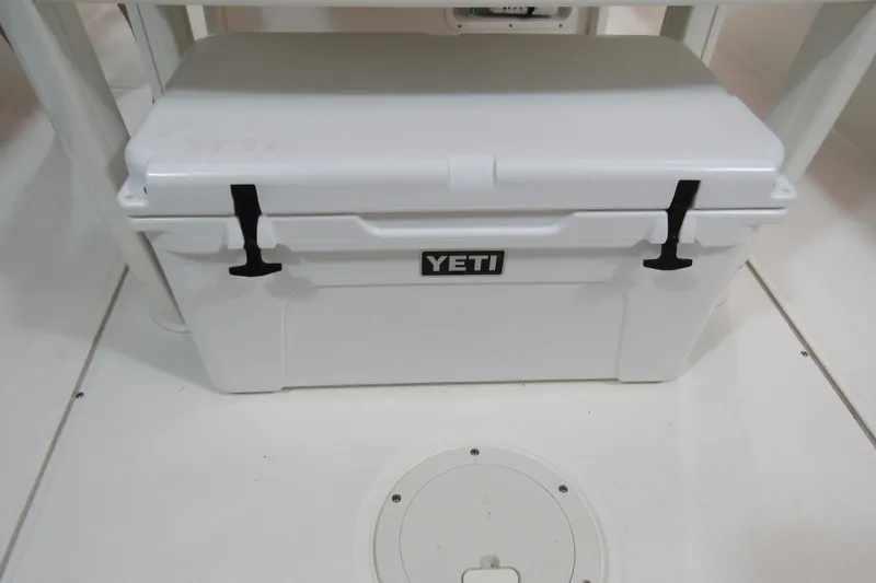 Slide: The Image of YETI cooler on 2019 Boston Whaler 270 Dauntless boat deck. - 30