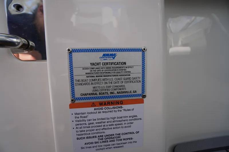 Slide: The Image of Yacht certification and safety warning on 2025 Chaparral 280 OSX boat. - 31