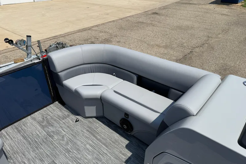 Slide: The Image of 2026 Bentley Pontoons Legacy 223 Swingback with sleek gray seating and modern design. - 8