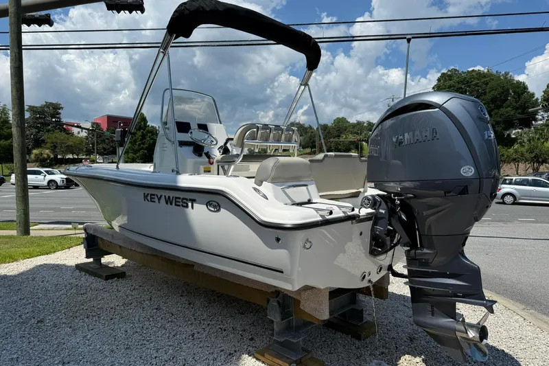 Slide: The Image of 2025 Key West 189 FS boat with Yamaha engine displayed outdoors. - 3