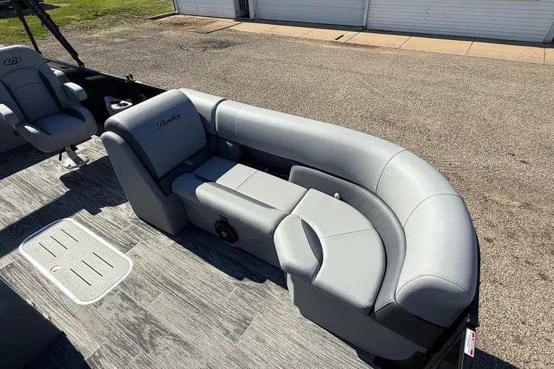 Slide: The Image of 2026 Bentley Pontoons Legacy 223 Swingback with luxurious gray seating and modern design. - 9