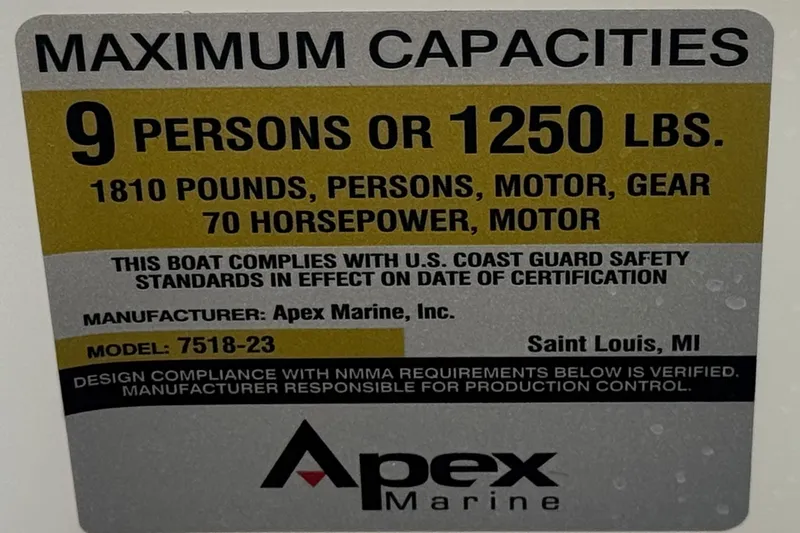 Slide: The Image of 2016 Apex Qwest 7518 LS capacity label: 9 persons, 1250 lbs, 70 horsepower motor. - 25