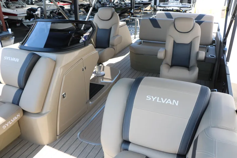Slide: The Image of 2025 Sylvan L3 DLZ boat interior with luxurious seating and modern design. - 16