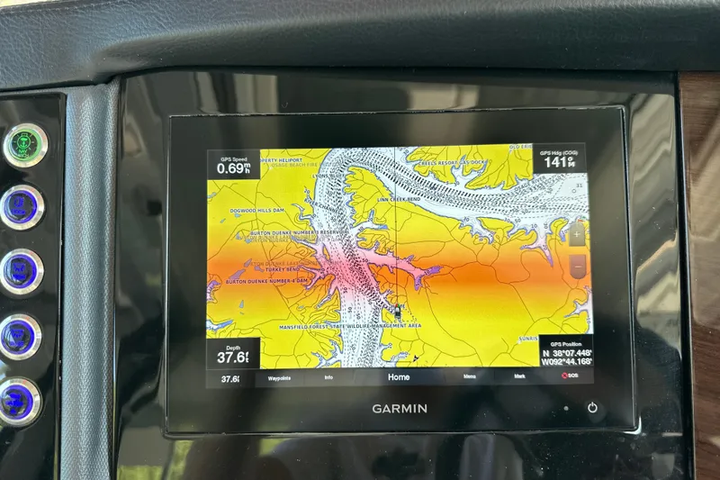 Slide: The Image of Garmin navigation display on 2020 Chaparral 300 OSX boat, showing map and GPS data. - 75