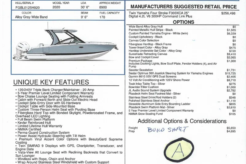 Slide: The Image of 2020 Chaparral 300 OSX boat with Alloy Gray Wide Band, unique features, and pricing details. - 81
