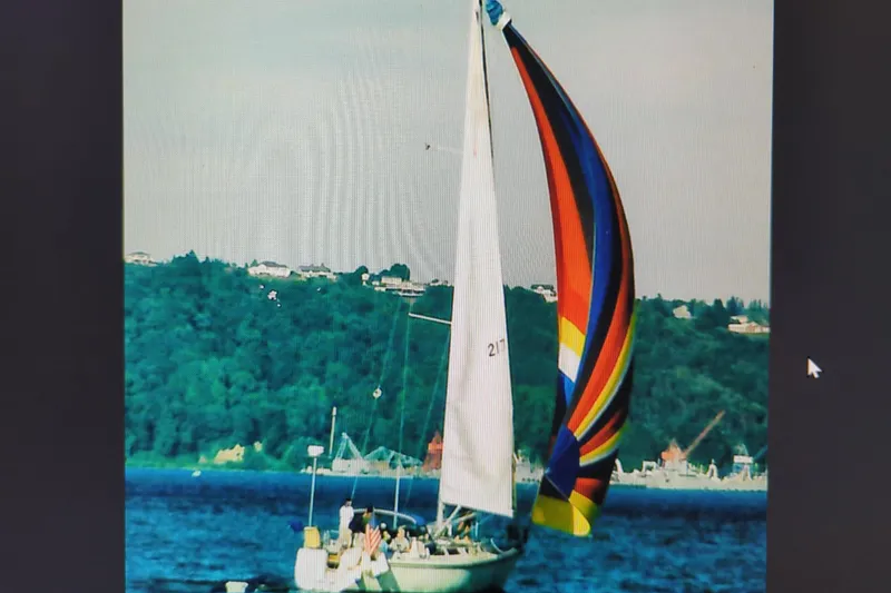 Slide: The Image of Sailboat Catalina 42 (1990) with colorful spinnaker on a scenic lake. - 21