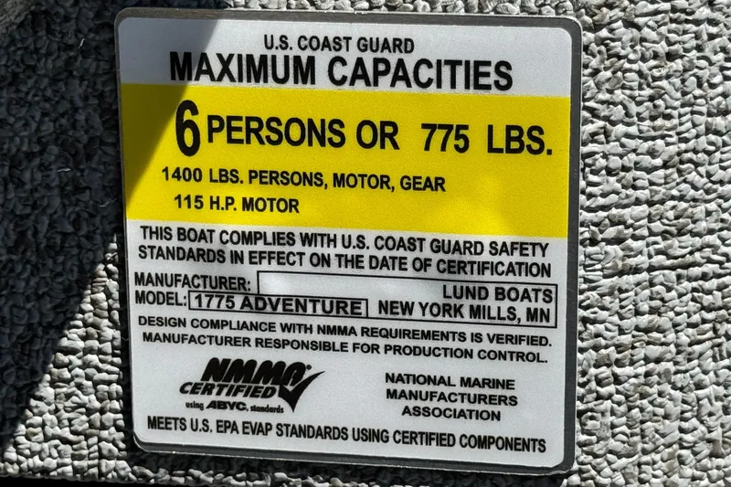 Slide: The Image of 2024 Lund 1775 Adventure Sport capacity label, 6 persons or 775 lbs, 115 HP motor. - 21