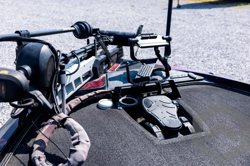 Slide: The Image of 2020 Nitro Z21 boat deck with trolling motor and pedal controls. - 37