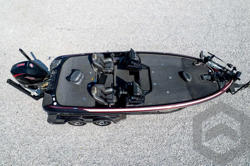 Slide: The Image of 2020 Nitro Z21 bass boat, aerial view, dual seats, powerful outboard motor. - 76