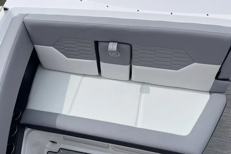 Slide: The Image of 2024 Cobalt A29 boat seating with gray and white upholstery, featuring hexagonal patterns. - 6