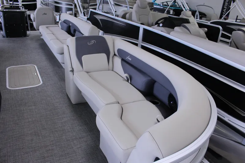 Slide: The Image of 2024 Barletta Aria 22CC pontoon boat interior with luxurious seating and modern design. - 8