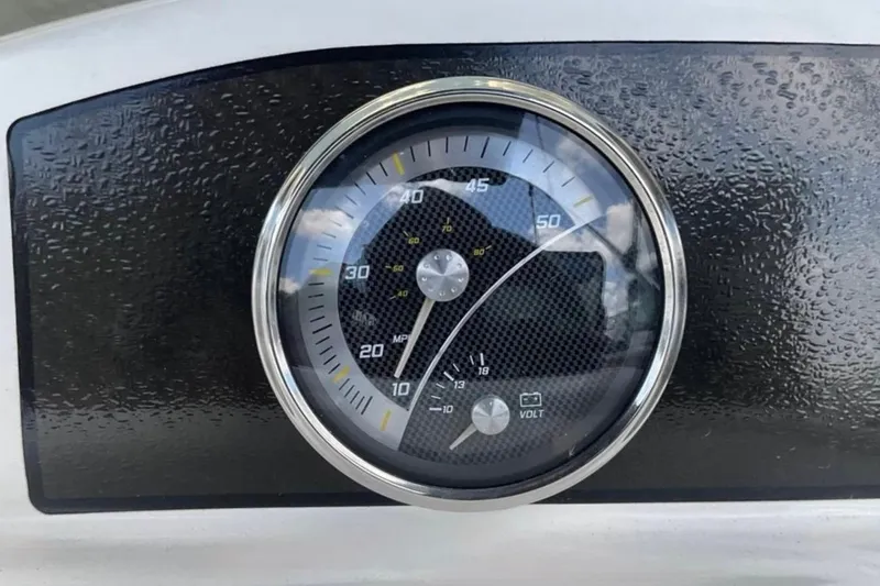 Slide: The Image of 2024 Bayliner M15 speedometer and voltmeter on textured dashboard. - 8