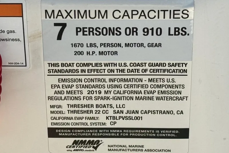 Slide: The Image of 2019 Thresher 19 CC boat capacity label, 7 persons or 910 lbs, 200 HP motor. - 24