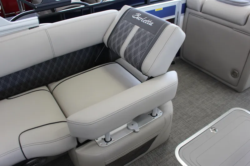 Slide: The Image of Luxurious seating in 2025 Barletta LUSSO 25U pontoon boat, featuring elegant upholstery. - 8