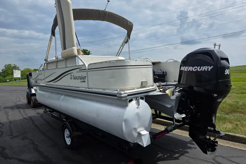 Slide: The Image of 2007 Suncruiser Trinidad 204 pontoon boat with Mercury 90 engine on trailer. - 3