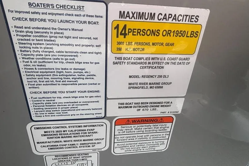 Slide: The Image of Regency 250 DL3 2025 boat capacity label, 14 persons or 1950 lbs, safety checklist. - 2