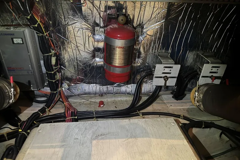 Slide: The Image of Engine room of 1998 Carver 405 Motor Yacht with fire extinguisher and wiring. - 59